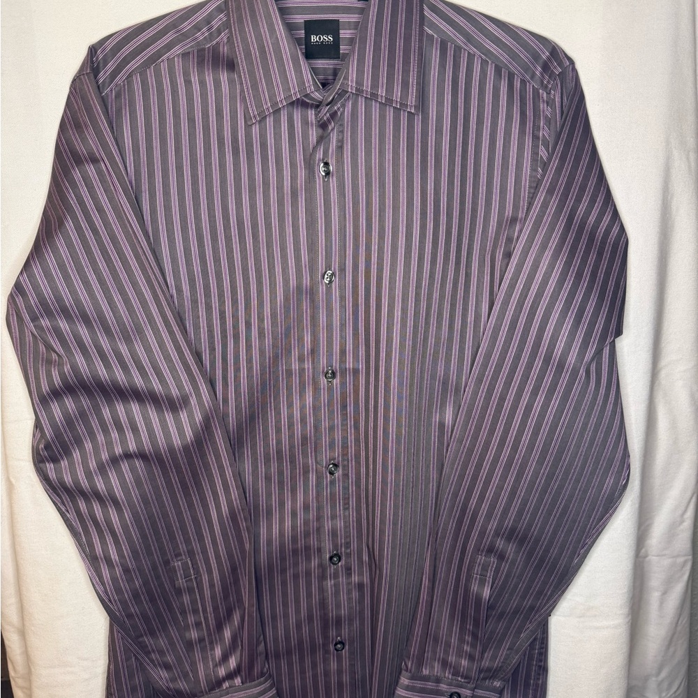 Boss Men's Dark Purple Striped Dress Shirt